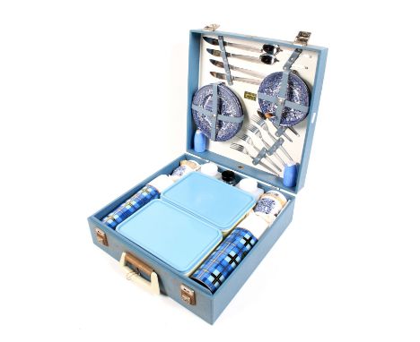A mid-century Brexton picnic hamper. With china cups, saucers and plates, two Thermos flasks, etc. L40cm x D40cm x H16cm