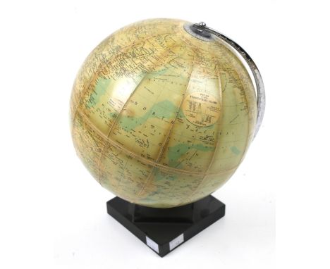 A mid-century Philips' Terrestrial Globe. Mounted on a square base, H31cm Condition Report: Rotates smoothly and firmly secur