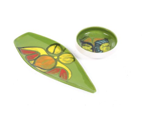 Two mid-century Poole Pottery Delphis items. Comprising a green ground bowl and shield shape dish. Max. H6cm