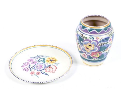 Two mid-century Poole Pottery hand decorated items. Comprising a plate and similar vase. Max. H19cm