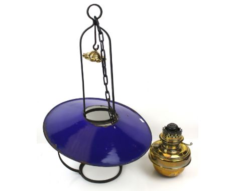 A large French oil ceiling lamp. The brass lamp attached to a metal structure with a blue enamel shade, H70cm (excluding the 
