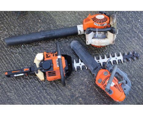 A STIHL leaf blower, EMC CS2500 Chainsaw and a STIHL HS 80 chainsaw. Condition Report: All the engines turn but not fully tes