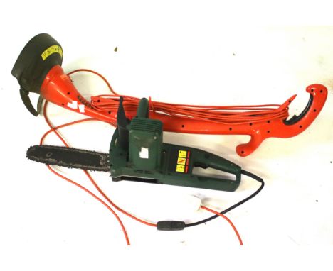 An electric Bosch chainsaw and a Flymo electric strimmer. Unchecked whether functioning