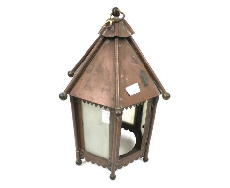 A vintage copper hall lantern with frosted glass panels. Of hexagonal form. H34cm Condition Report: The frame appears to be s