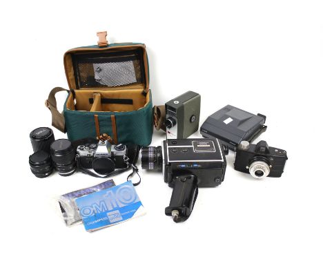 A collection of cameras and film equipment. Including a Chinon 805S recorder, etc.