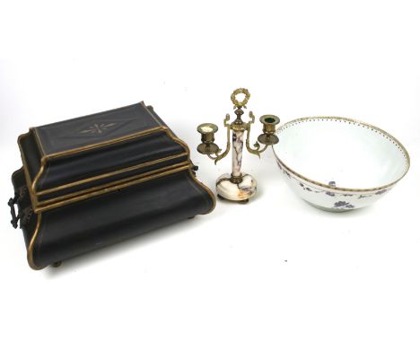 A porcelain bowl, a candlestick and a tin box. The bowl with a gilt rims and decorated with vines, H11cm, the two branch cand