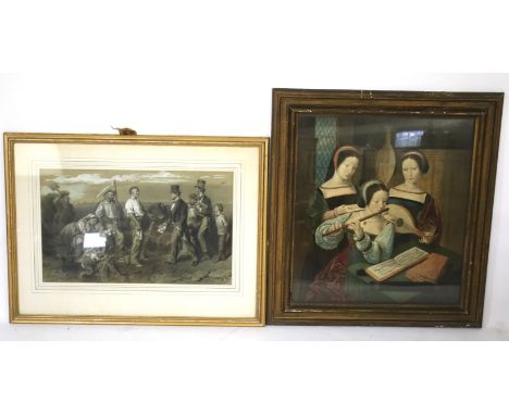 Two 20th century prints. One depicting an exchange between farmers and gentlemen, 32cm x 53cm, the other a print of 'Three Mu