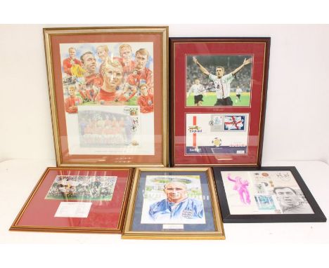 England: A collection of assorted England framed football memorabilia to include: a signed First Day Cover signed by ten vari