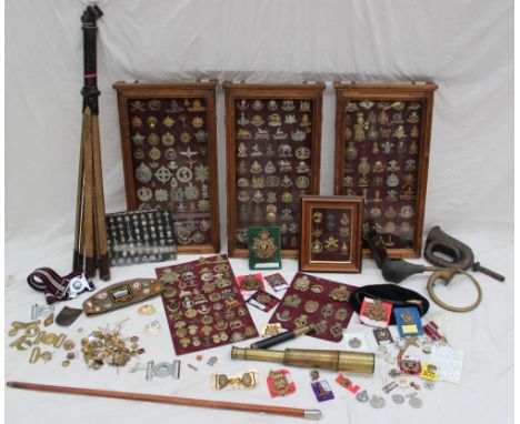 A large quantity of military cap and uniform badges contained in four glazed cabinets and some mounted on cards in excess of 