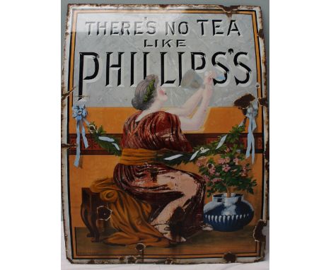 A Phillips Tea pictorial enamel sign depicting a seated lady chiselling out the letters "There`s no Tea like Phillips's"122 x