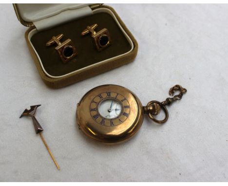 A gold plated half hunter keyless wound pocket watch, the enamel dial with Roman numerals and a seconds subsidiary dial, toge