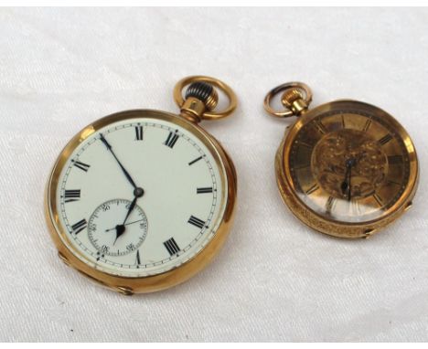 An 18ct yellow gold open faced pocket watch the circular enamel dial with Roman numerals and a seconds subsidiary dial, toget