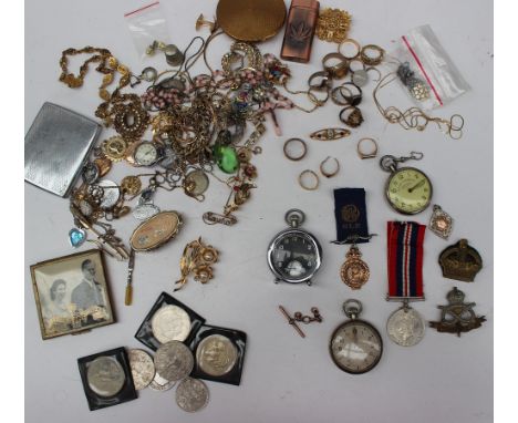 Assorted costume jewellery including a 9ct gold enamel decorated medallion, war issue pocket watches, rings, brooches, compac