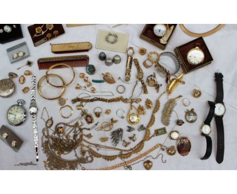 Assorted costume jewellery including gold plated hinged bangles, revlon watch, bracelets, necklaces, citron watch, other watc