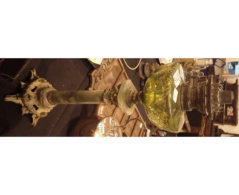 Large brass based French green onyx pillar Victorian oil lamp with hand painted green glass resevoir lacking shade and chimne