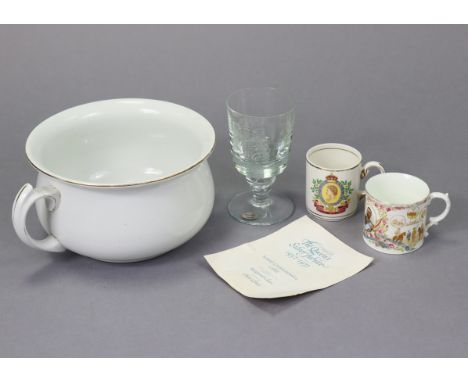 A Wedgwood Glass Queen’s Silver Jubilee Scottish Commemorative glass goblet, 6¼” high; two coronation pottery mugs; &amp; a c