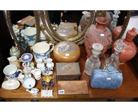 Three wooden trinket boxes; two glass decanters; various decorative ornaments, etc. (part w.a.f.).