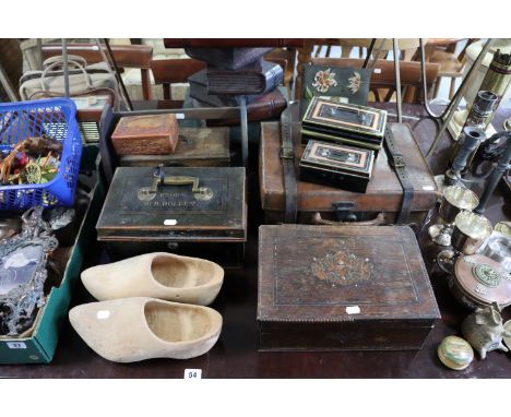 Four various lamps; a japanned-metal cash tin; a 19th century trinket box; various pictures; &amp; sundry other items. 