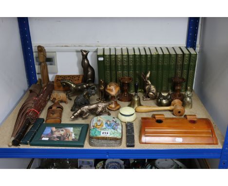 A Bakelite desk inkstand; an enamelled &amp; white-metal trinket box; a pair of treen candlesticks, &amp; sundry other items.