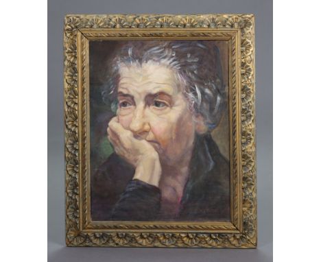 A head &amp; shoulders portrait of Golda Meir the former prime minister of Israel (oil on card), signed: C. P. Martin &amp; d