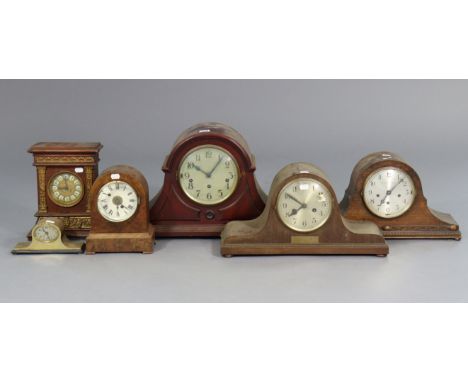 A 1930’s large mantel clock with a silvered dial, striking movement, &amp; in a mahogany dome-top case, 13” high; together wi