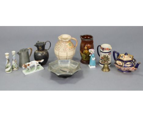 A Royal Doulton figure “Carrie” (HN2800); a Meissen porcelain dog ornaments, 7” wide; a Charlotte Rhead jug (restored), 8½”; 