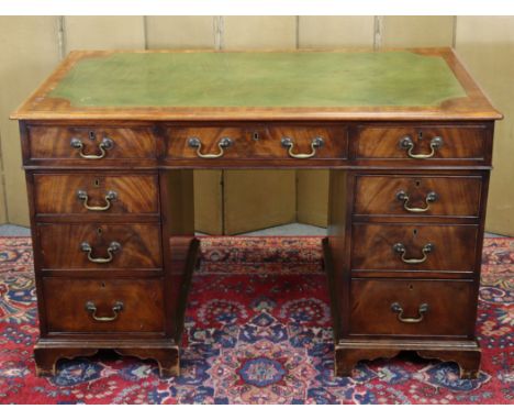 A 19th century mahogany pedestal desk inset gilt-tooled leather surface, fitted an arrangement of nine drawers with brass swa