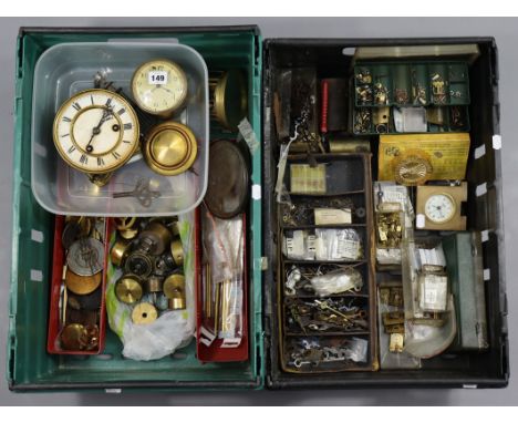 Three mantel clock dials; a bedside clock; &amp; various clock cogs; pendulums, etc. 