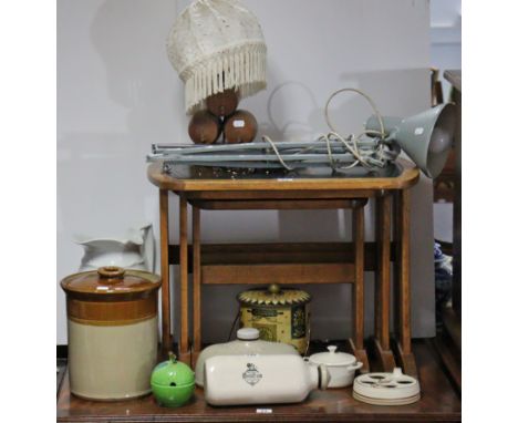 An anglepoise desk lamp; two stoneware footwarmers; a white glazed toilet jug, etc. 