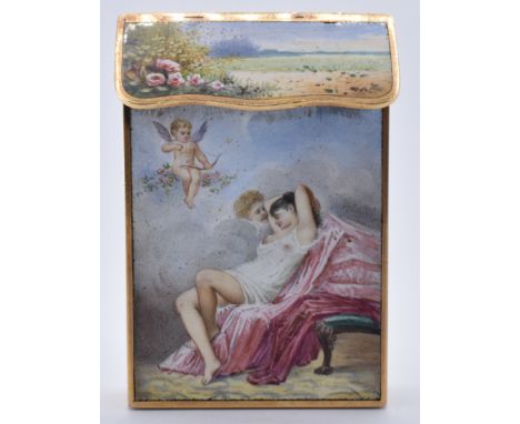 A 19th Century gold and enamel vesta case having having painted classical enamelling to the sides depicting female nudes with