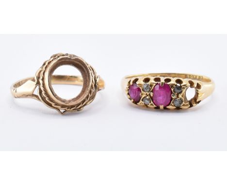 Two gold rings. A hallmarked 18ct gold ruby and diamond ring 3.9g, size O (AF) together with a hallmarked 9ct gold ring 2.4g 