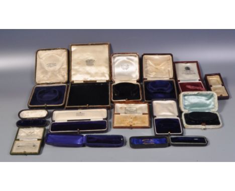 A group of vintage jewellery boxes to include a selection of mostly tooled leather examples, jewellers to include S R Taylor 