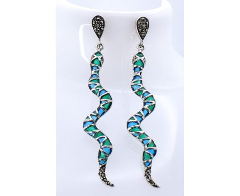 A pair of silver and plique a jour drop earrings having blue and green enamel to the body and marcasite's set to the studs an