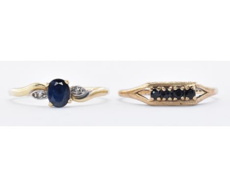 Two gold and sapphire set rings to include a 14ct gold crossover ring set with a oval cut sapphire and white accent stones to