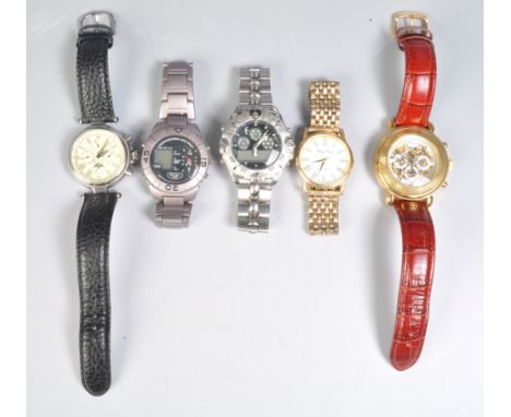 A group of five gentleman's wrist watches to include to include a Pulsar gilt stainless steel wrist watch, a dual time digita
