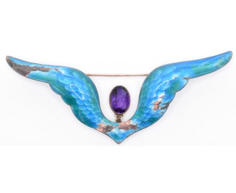 An early 20th Century Child &amp; Child silver and enamel brooch pin in the form of a pair of feathered wings decorated with 