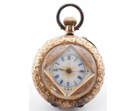 A 14ct gold Swiss ladies fob watch / pocket watch. The half hunter pocket watch having white enamel face with blue Roman nume