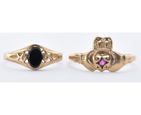 Two 9ct gold rings to include a hallmarked 9ct gold claddagh ring set with a round cut ruby (hallmarked Birmingham 1987, weig