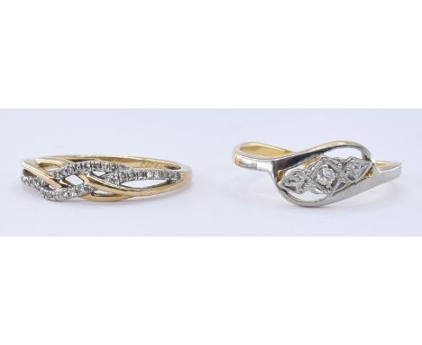 Two gold and diamond rings to include an Art Deco 18ct gold and platinum crossover ring set with a central round cut diamond 