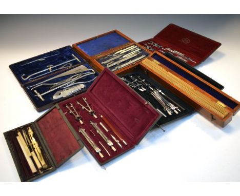 Selection of vintage drawing instruments to include 19th Century mahogany-cased boxwood rule stamped Navitta Birmingham 1940,