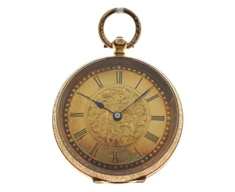 Lady's yellow metal open face fob watch having a gilt Roman chapter ring with engraved centre, rear door stamped 14K and numb