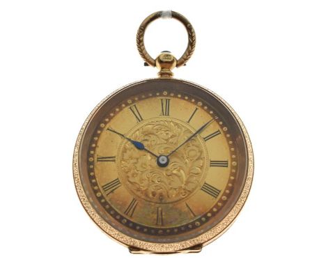 Lady's yellow metal open face fob watch having a gilt Roman chapter ring with engraved centre, rear door stamped 14K and numb