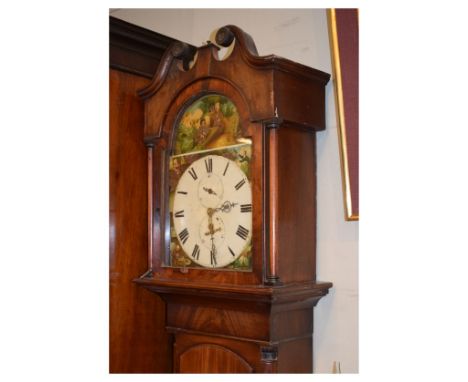 19th Century mahogany longcase clock, the white painted arched dial depicting figures sat by a graveside and narrative painte