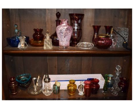 Large selection of assorted coloured glass to include; a Bristol blue rolling pin and six lobed dish, ruby-flashed etched vas