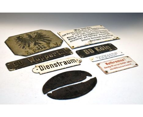 Group of German enamel signs concerning railways etc to include; plaque painted with eagle over initials K.P.E.V., large conv