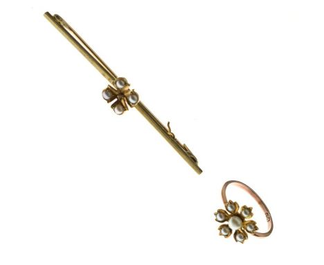 Dress ring set seed pearl flower head cluster, the shank stamped 9ct and a similar bar brooch stamped 15ct, 5.3 gross approx 