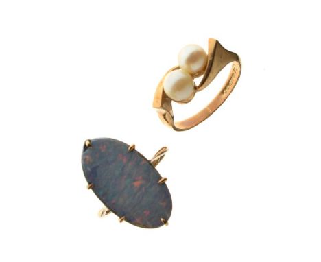 9ct gold dress ring set two pearls in a crossover setting, together with one other dress ring set oval opal effect panel, 6.6