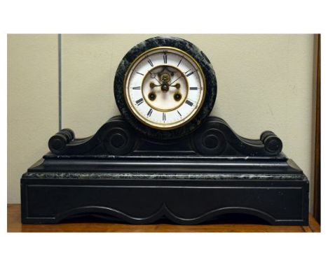 Late 19th Century black slate and marble cased mantel clock, the white enamel dial with Roman numerals and visible anchor esc