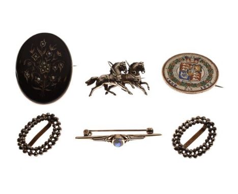 Pair of marcasite set buckles, oval mourning brooch set seed pearls, an enamel decorated coin, bar brooch and horse brooch   