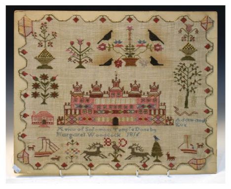 George III needlework sampler - View Of Solomon's Temple, worked by Margaret Woodcock, 1816, 38cm x 48cm, unframed   Conditio